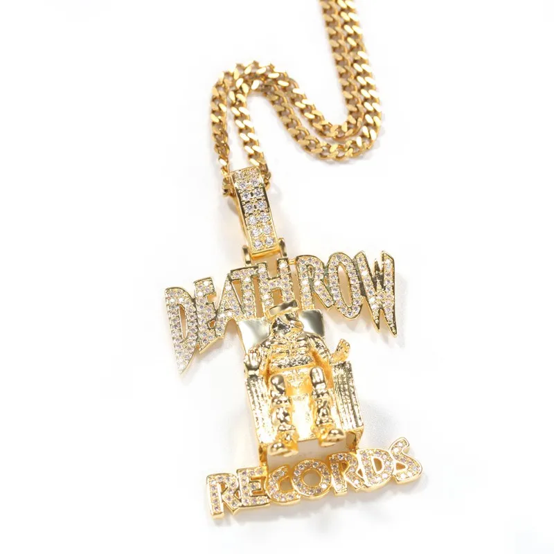 Fashion Hip Hop Rapper Style CZ DEATHROW Pendant Necklace Gold Stainless Steel Chain Necklace for Cool Men