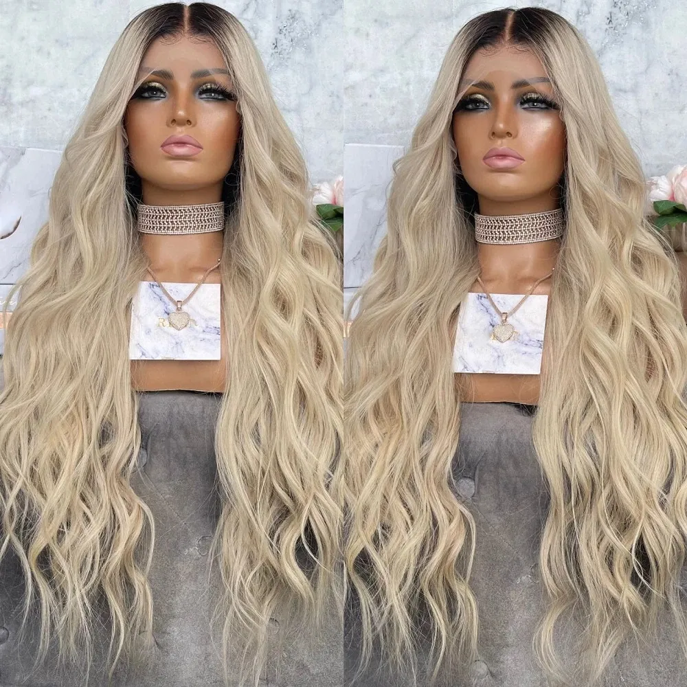 Dark Roots Platinum Blonde Natural Wave Human Hair Wigs For Women Transparent Lace Front Wig with Baby Hair Brazilian Remy Wavy