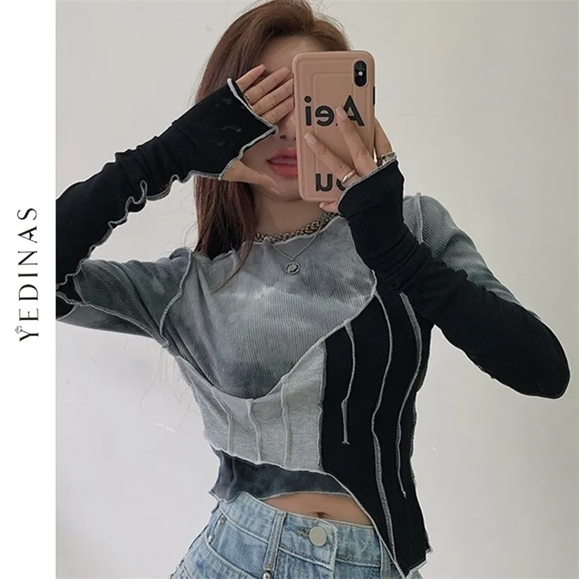 Yedinas Tie-Dye Kleur Matching Onregelmatige T-shirt Dames Sexy Slanke Crop Top Chic Design Koreaanse stijl Lange mouw Spring 220328