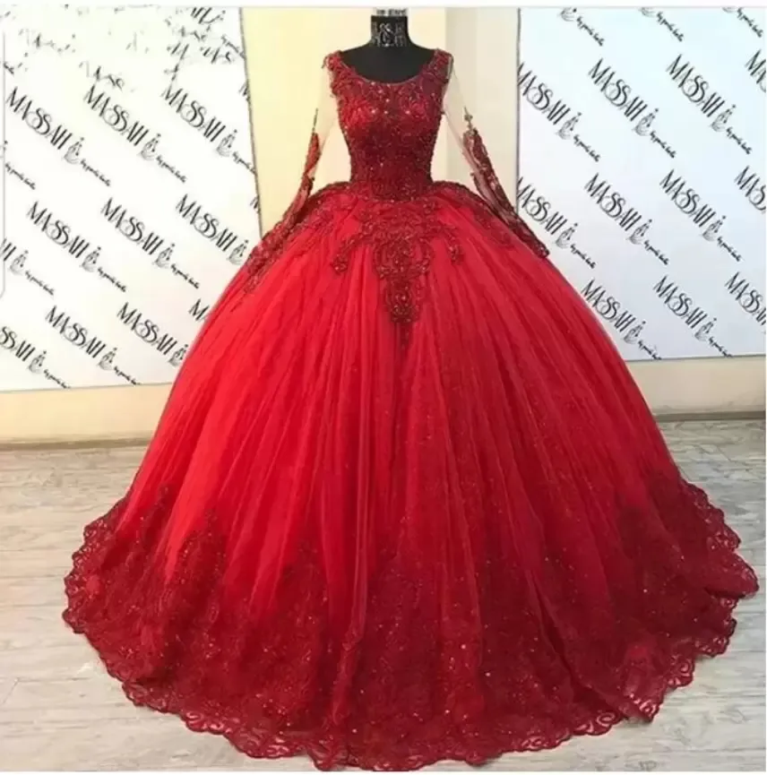 2022 Vintage puffy bollklänning quinceanera klänningar långärmad röd tyll pärlspets söt 16 mexikansk festklänning Askepott bollklänningar bc11332 c0417