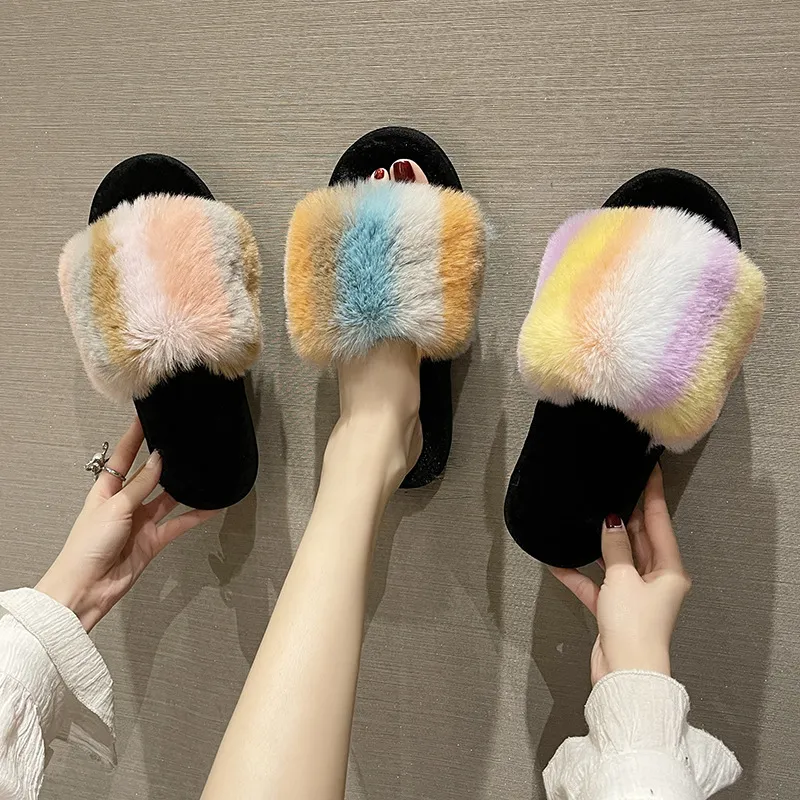 Mode Winter Vrouwen Slippers Pluizige Pluche Designer Warme Slipper Antislip Herfst Slijtage Topkwaliteit Veelkleurige Glijbaan voor Dames