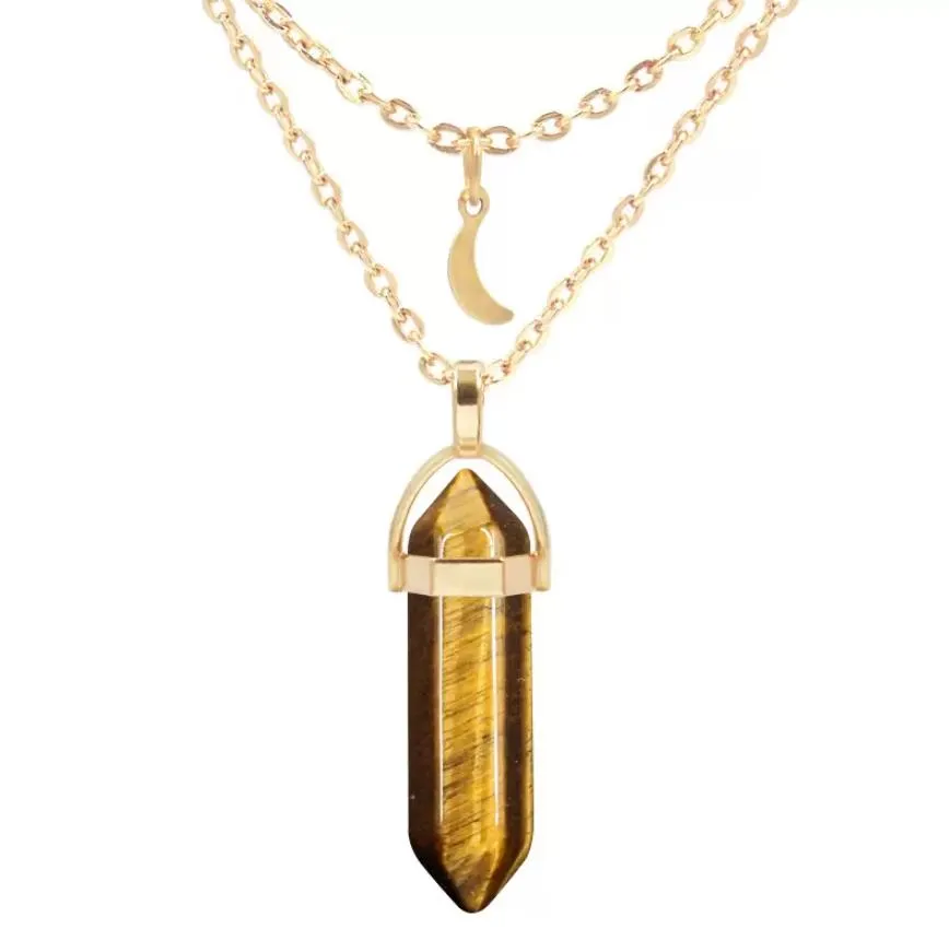 gold chain moon charms healing natural stone pendant rose quartz pendulum tiger eye lapsi pink crystal necklaces sports2010