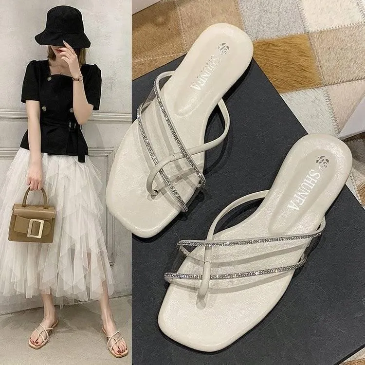 Hausschuhe Frauen Sommer 2022 Koreanische Version Square-Toe Flatheel Conbon Fashion Outer Wear Sandals Slipper Slipper
