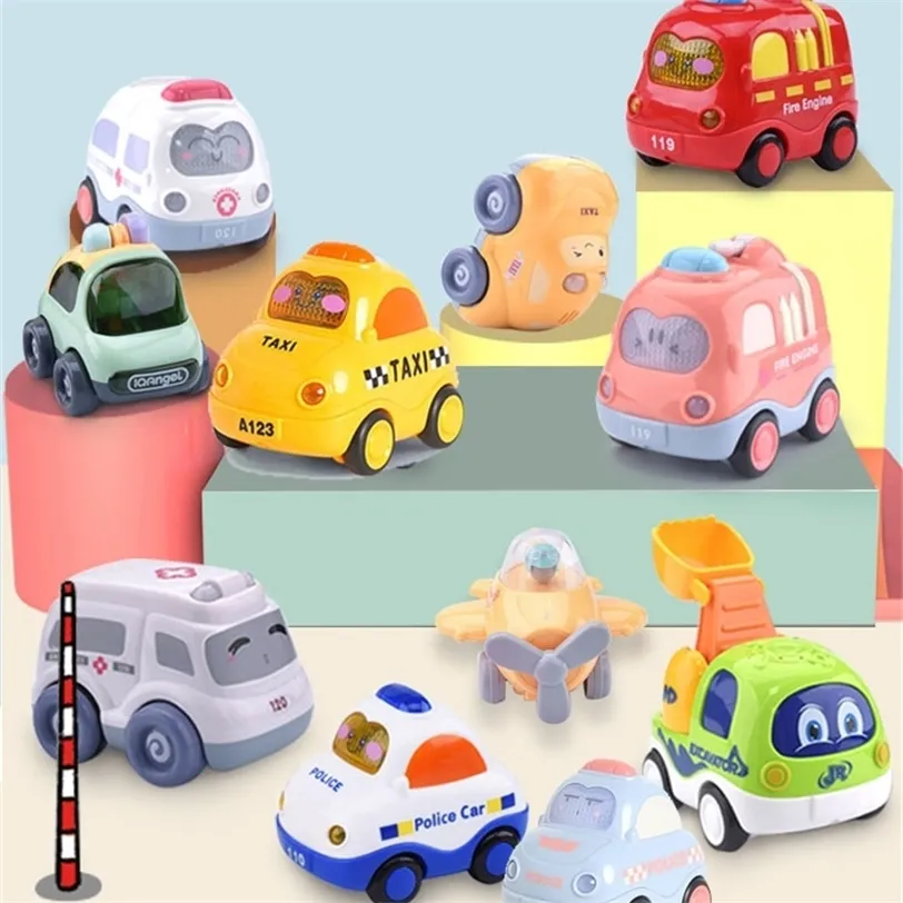 Kawaii Mini car 4Pcs/set Cartoon Pull back Car baby toys Resistance to Fall Vehicle light up music Toys For Children 220418