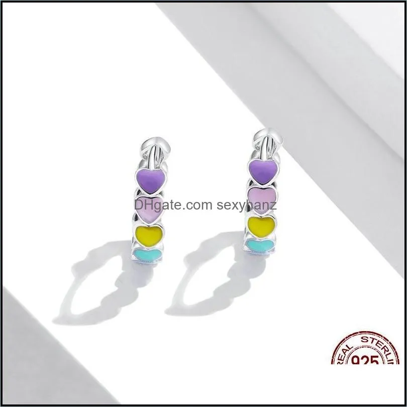 bamoer Genuine 925 Sterling Silver Rainbow Color Enamel Heart Hoop Earrings for Women 2020 New Ear Hoops Female Jewelry SCE909 20 w2