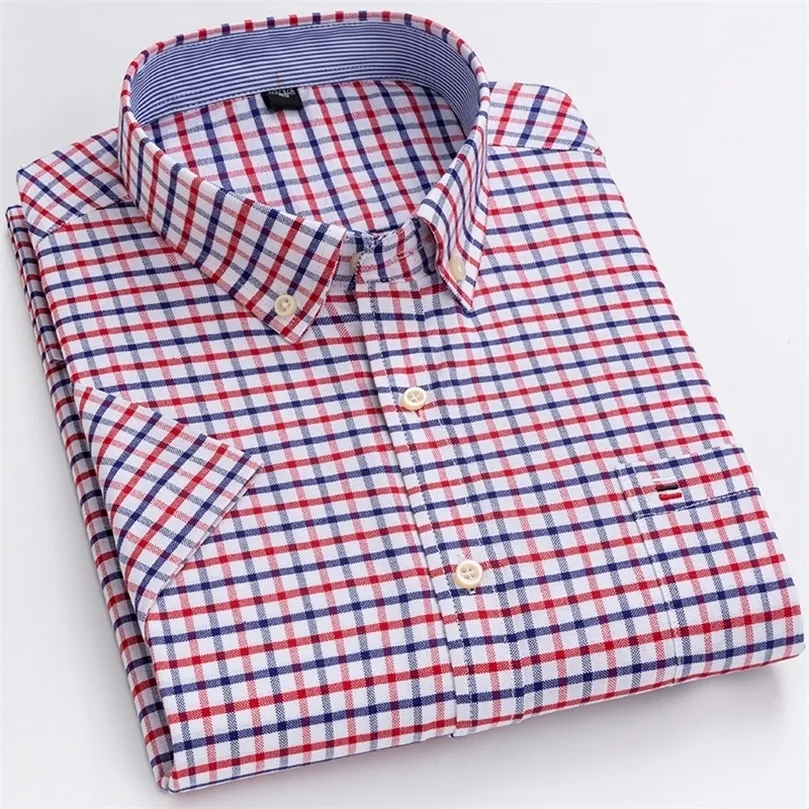 Merk katoenen shirts voor mannen korte mouw zomer plus size geruit shirt gestreepte man mannelijk shirt zakelijk casual witte reguliere fit 220527