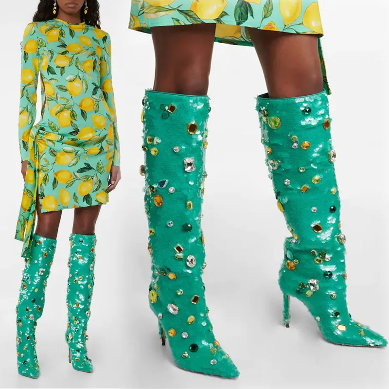 Big Size 34-46 Botas femininas 2022 Nova marca Autumn Heel Kene Knee Boots High Tip Shining Gem Party Shoes Green Zapatos Mujer