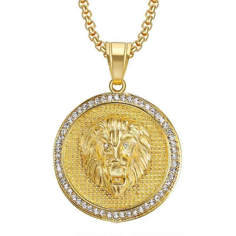 Pendant Necklace European and American Original Explosion Steel Gold Plated Diamonds Ring Brand Lion Head Men 220330