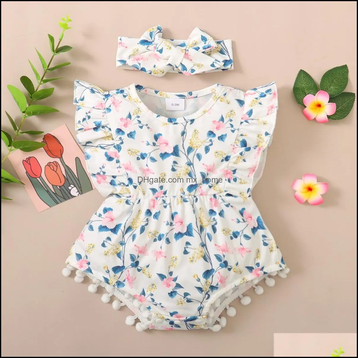 kids rompers girls ruffle flying sleeve romper infant toddler flower floral print pompom jumpsuits summer fashion baby climbing clothes