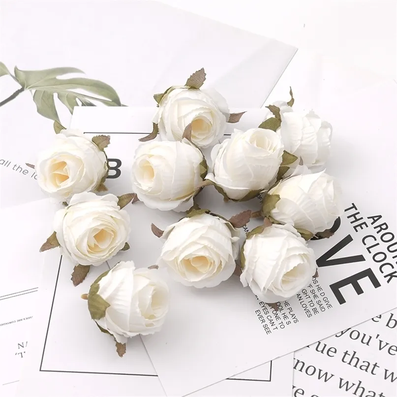 50pcs 4cm White Rose bud Artificial Silk Flower Heads Wedding Decoration DIY Wreath Scrapbooking Craft Fake Flowers 220406