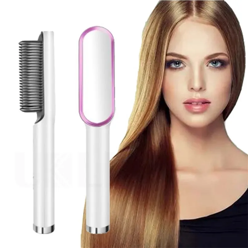 Hair Straightener Brush And Curler: Ceramic Anti Scald Comb For