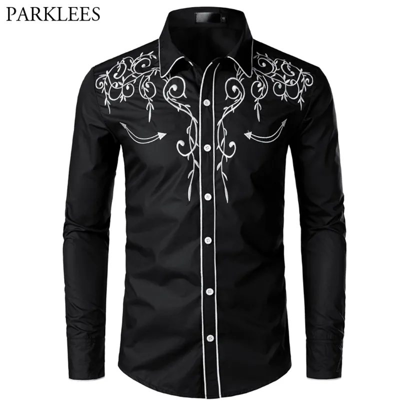 Elegante camicia da cowboy occidentale da uomo Design di marca Ricamo Slim Fit Camicie a maniche lunghe casual Camicia da uomo per uomo 220706