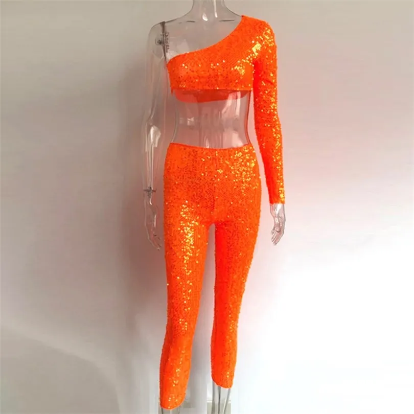 Glänsande orange paljetter Två 2-stycken Set One Shoulder Slope Long Sleeve Crop Top Mid-Calf Pencil Pants 2 PCS Outfits Party Clubwear T200810