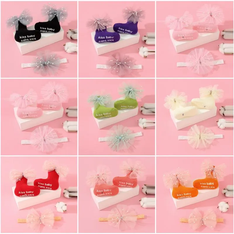 Hair Accessories 2Pcs/Set Pearl Baby Girl Headband Socks Set Crown Bows Born Hairband Headbands For Girls Turban