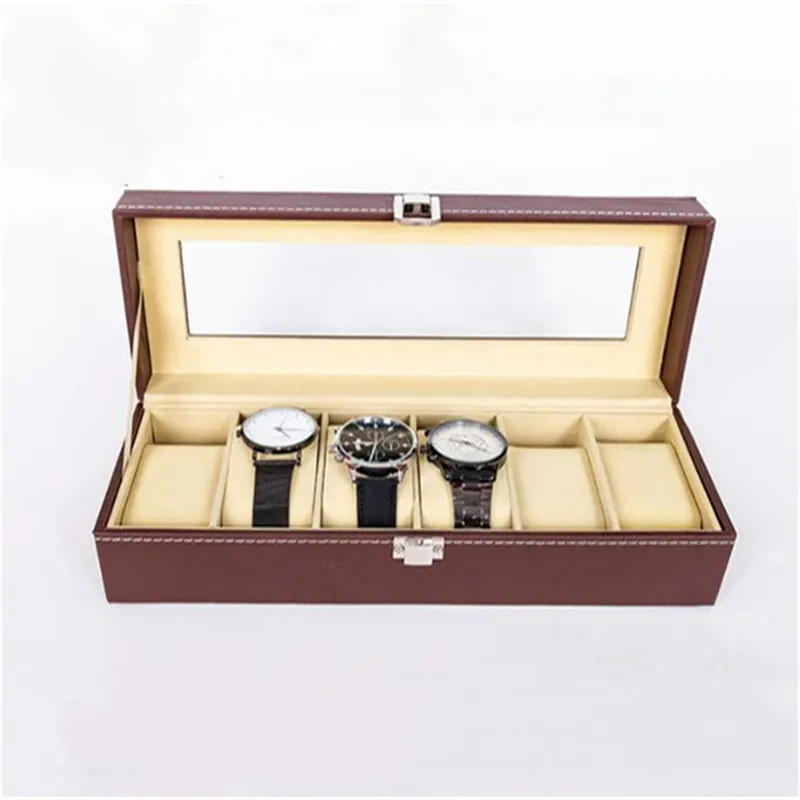 6 Grid Brown Watch Box Watches Display Storage Boxes Bracelet Slots Case holder Jewelry Container gift High Carbon Fiber