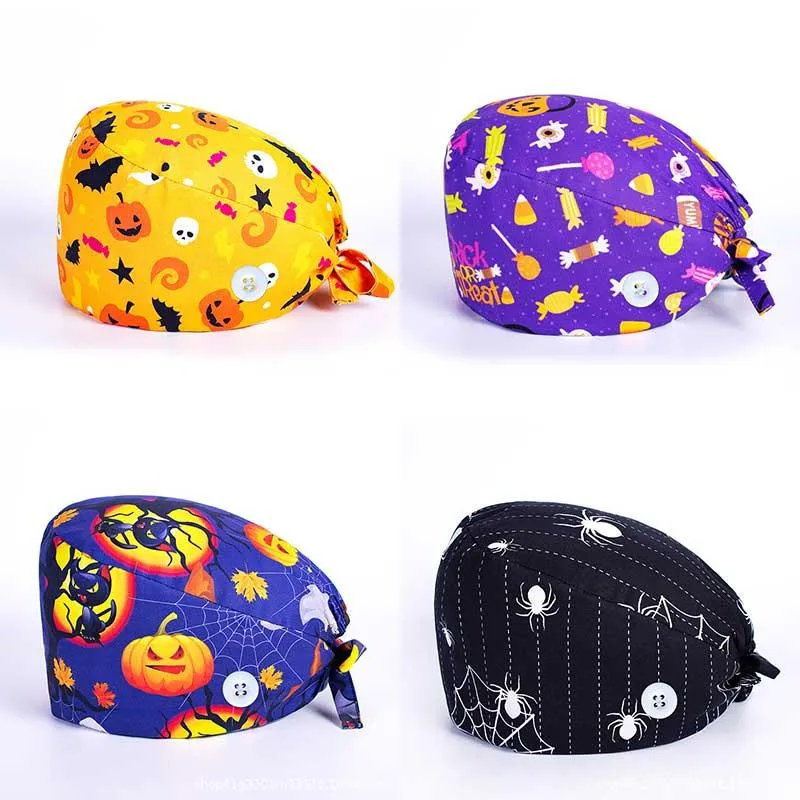 Berets Halloween Scrub Cap Printed Cotton Beauty Salon Surgeon Dental Clinic Nursing Hat With Button Women Men Caps WholesaleBerets BeretsBe