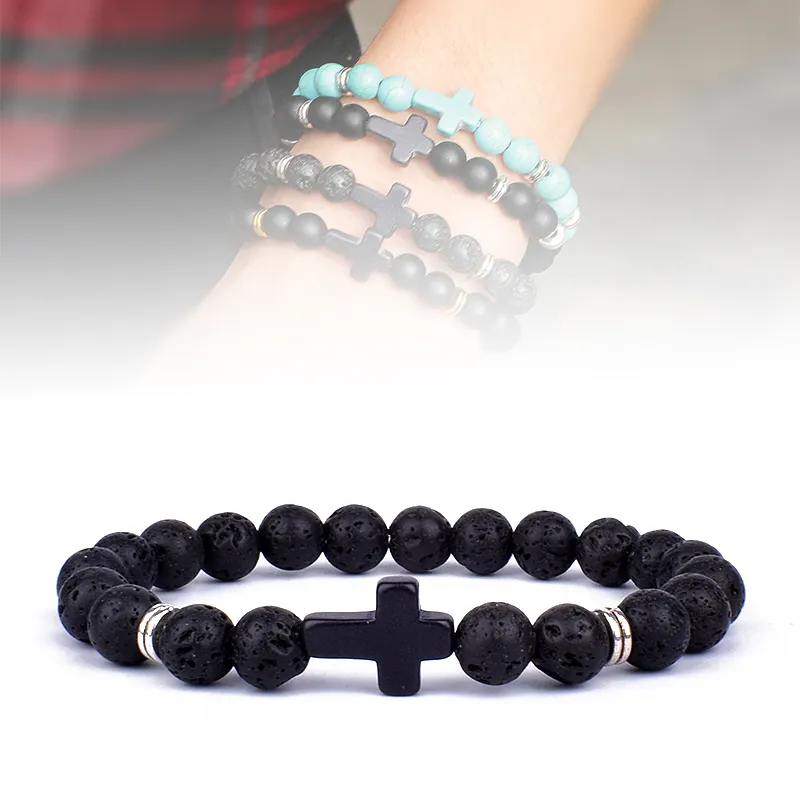 Charm Naturstein Kreuz Armband Glaube Schwarz Matt Glücksperlen Armbänder Handgemacht Männer Frauen Gebet Fitness Paar Schmuck Geschenk