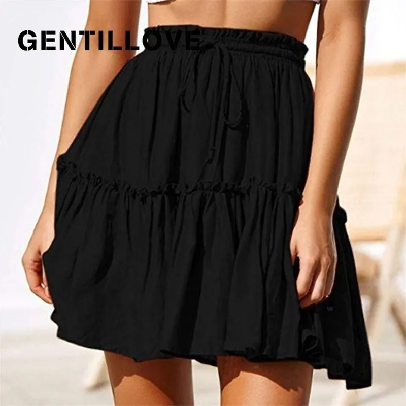 Gentillove Summer Boho Pleated a Line Skirt Women Vintage Starts Castaryフリルミニスカートとサッシェスホリデービーチスカート210311