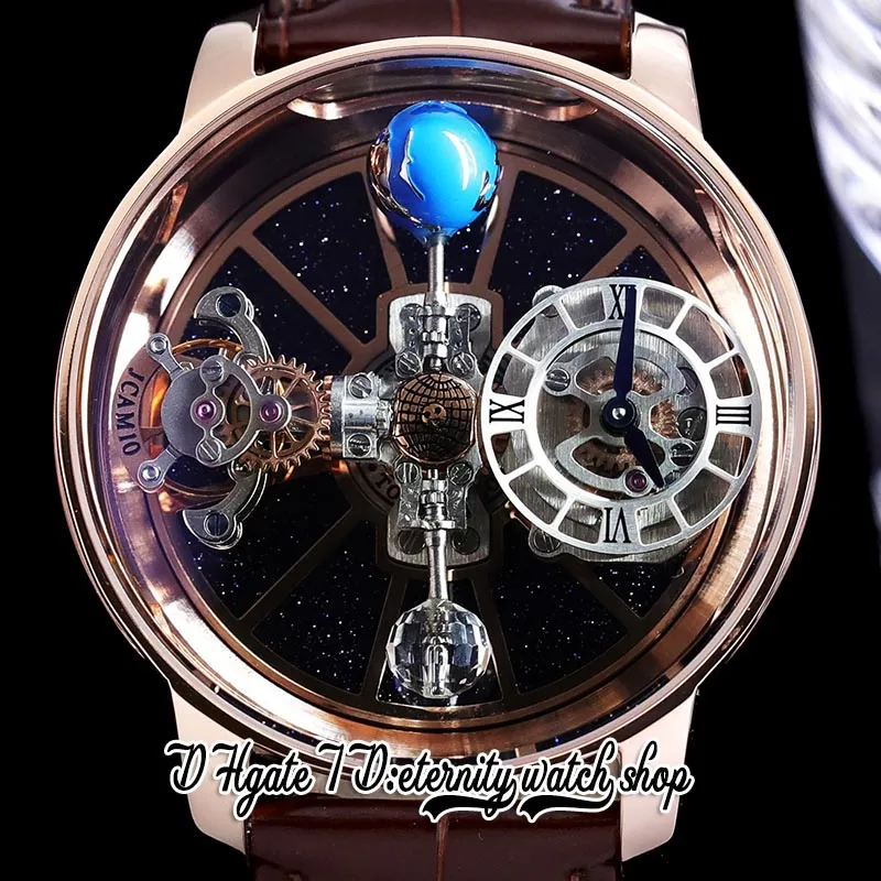 BZF Astronomia Tourbillon Swiss Quartz Herrklocka Rose Gold Steel Case Sky Skeleton 3D Globe Dial (snurrar inte) Brunt läderarmband Statisk version evighetsklockor