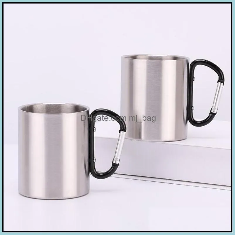 220ml stainless steel mug with foldable self-lock carabiner handle folding cup for outdoor camping hiking fhl258-zwl696