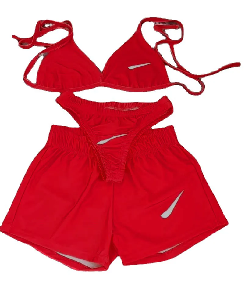 Zweiteiliges Damen-Hosenset, Bikini-BH, Unterwäsche und Shorts, dreiteilige Sets, mehrfarbige Stickerei, Logo-Haken, Straßensport, Outdoor-Bekleidung, Schwimmen, Strand, Sommerkleidung