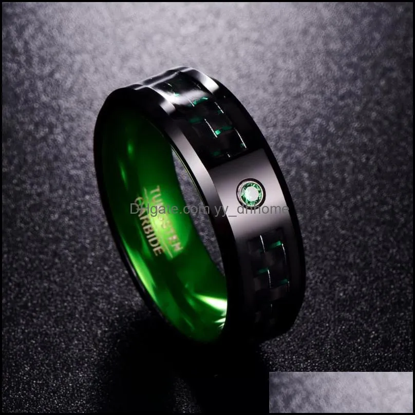 Wedding Rings Men`s 8mm Tungsten Carbide Ring Green Carbon Fiber Comfort Fit Band Steel Size 7 To 121
