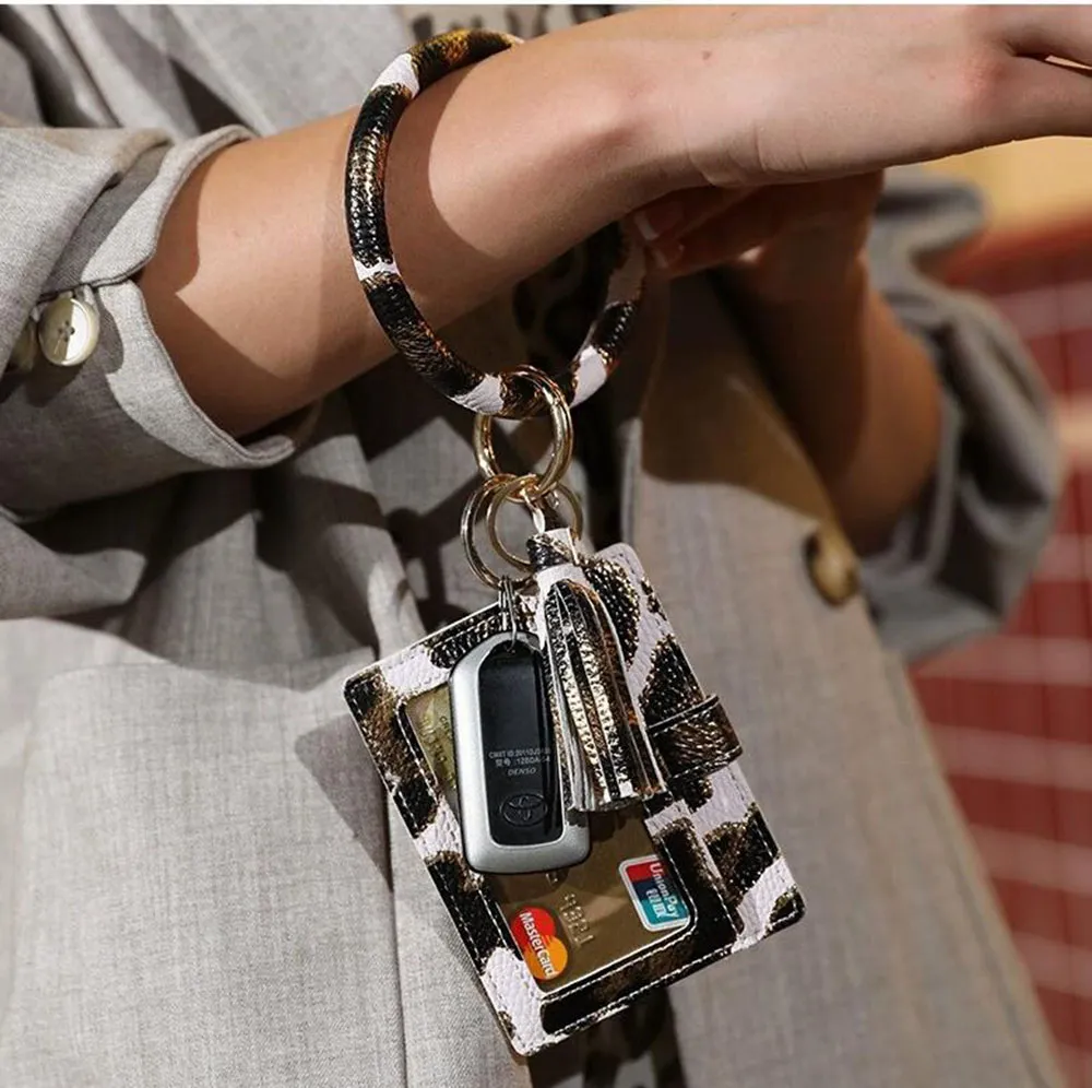 K68199JM Pengarklämmor med armband nyckelring leopardtryck rand pu läder litet mynt handväska minikorthållare
