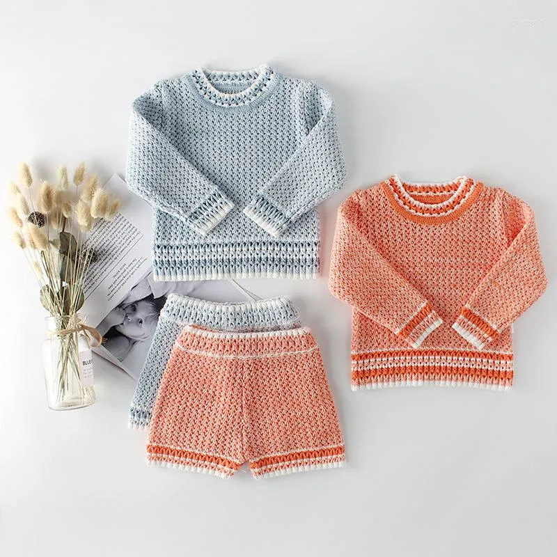 Clothing Sets Baby Girl's O-neck Short Sleeve Knitted Sweater Tops Shorts 2PCS Solid Color Fashion SetsClothing