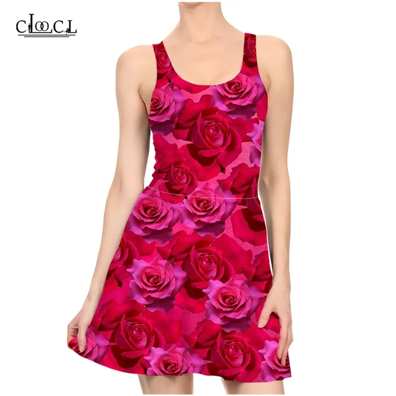 est Red Rose Flower 3D Print Summer Dress Donna Slim senza maniche Donna Sexy Abiti slim Pieghettato Abito casual 220617