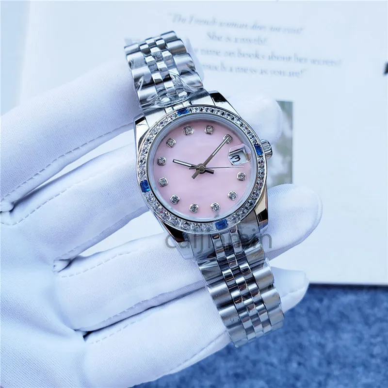 Ladies Automatic Mechanical Watch Diamond Ring pink face Stainless Steel Strap 28/31mm small size