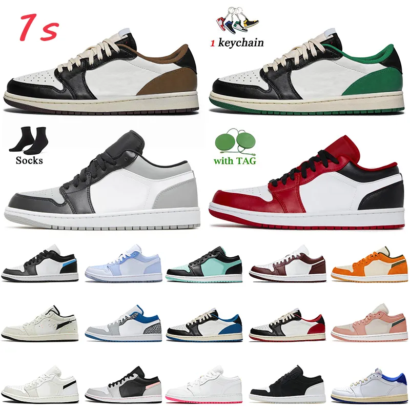 Size US 12 Women Mens Jumpman 1S Low Basketball Shoes with Socks Jorda 1 Jorden1s Cactus Jack Dark Mocha Green Froomment University Black Blue Trainers Sports