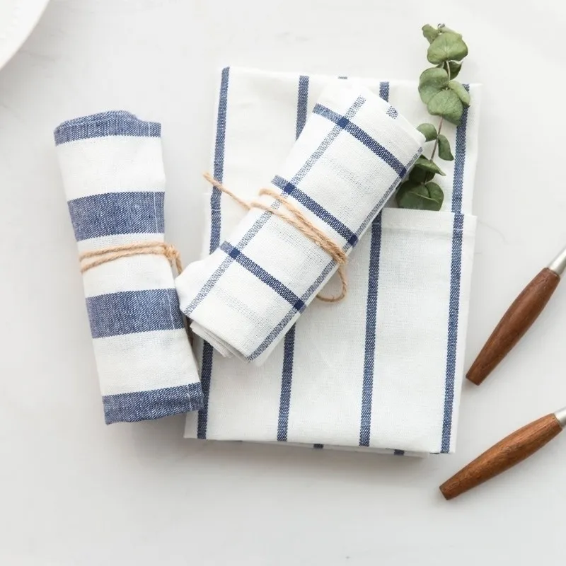 10pcs haute qualité bleu blanc chèque rayé thé cuisine serviette nappe 100% coton fil teint tissu Y200328