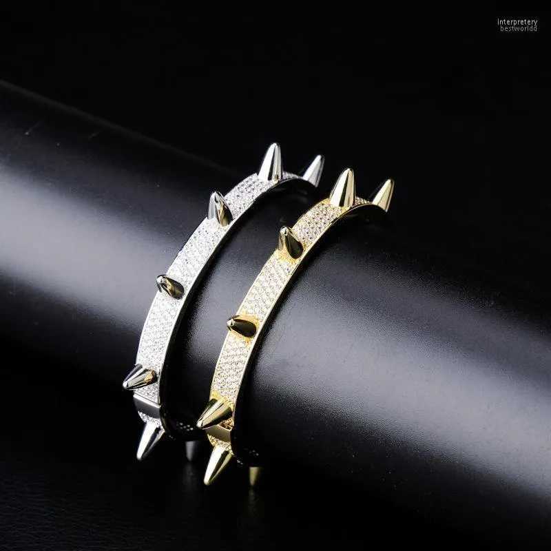 Bangle Iced Out Cubic Zirconia Rivet Spike Open Cuff Women Gold Color Cz Armband Men Hip Hop Bling Rapper Jewelry INTE22