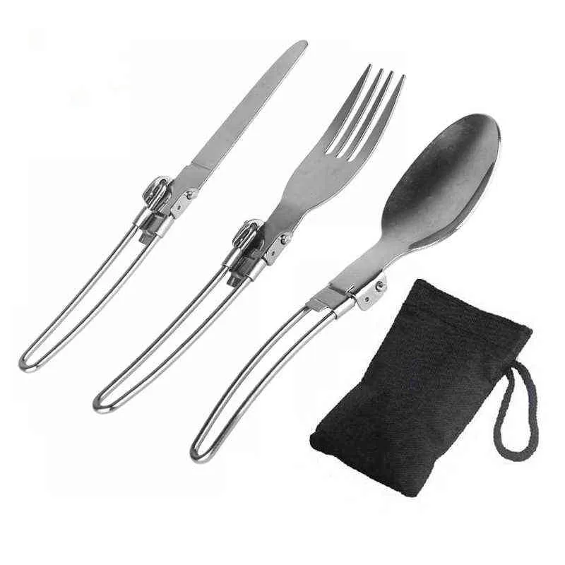 Rostfritt stål vikbara bordsartiklar bärbara knivgaffel sked kit utomhus picknick camping fold cutlery rese tur utrustning verktyg y220530