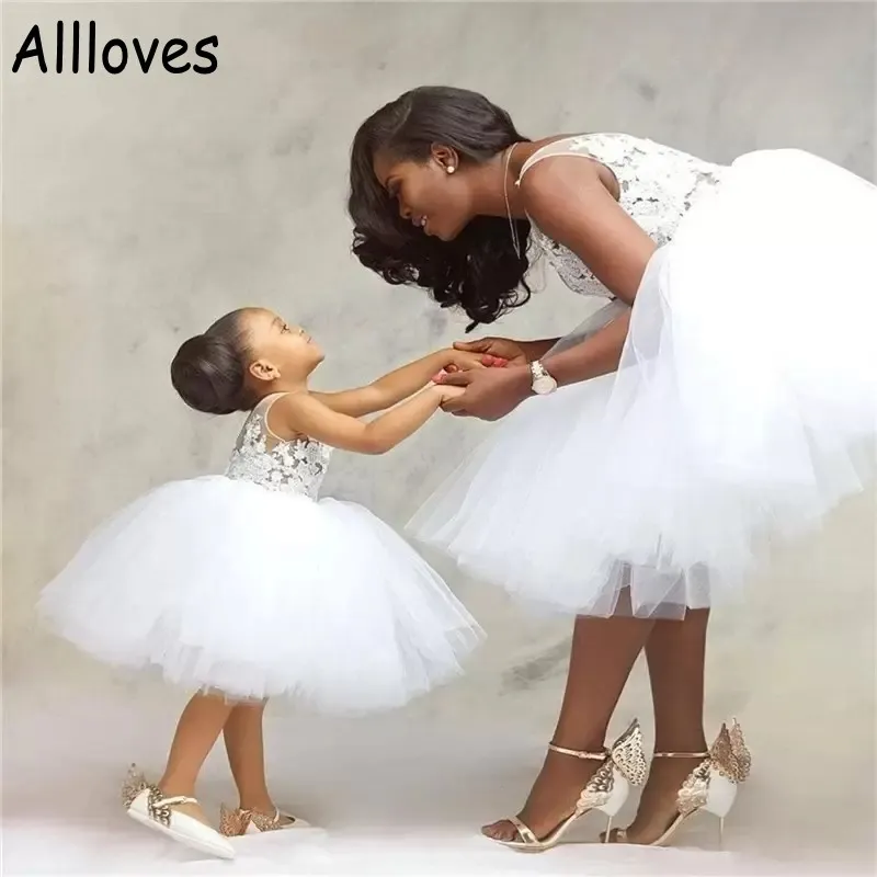 Tutu jupe robes de fille de fleur blanche col transparent dentelle appliquée formelle fête maman et fille robes moelleux tulle enfants enfant en bas âge première robe de sainte communion AL9952