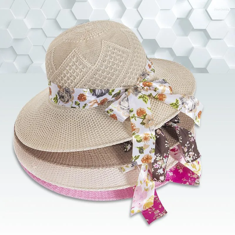 Breda brim hattar sommar bowknot halm sol för kvinnliga damer långt blommor band utomhus rese strand hatt skydd panama mössor 2022bred chur22