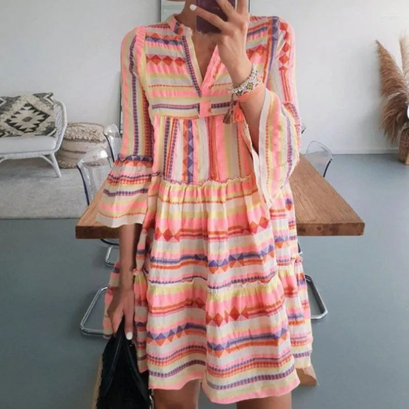 Casual Dresses Sundress Women V-Neck Striped Print Dress Flare Sleeve Mini Female Boho Leisure A-Line Party Beach VestidosCasual