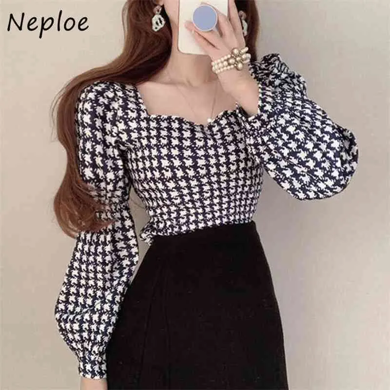Neploe Korean Square Collar Clavicle Exposed Slimm Fit Bluzka Kobiety Vintage Black White Houndstooth Blusas Long Rleeve koszula 210401