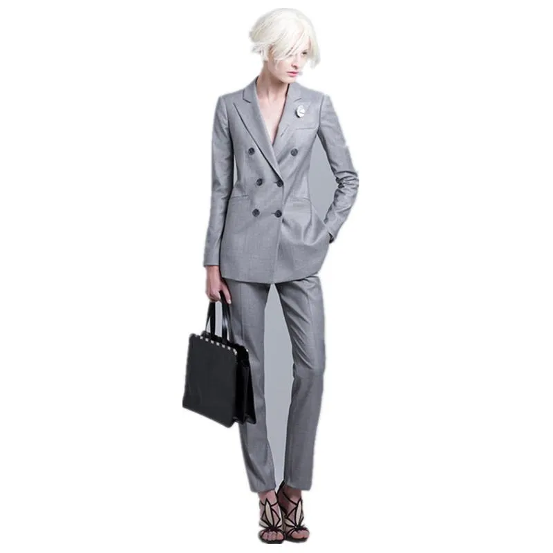 Kvinnors tvåbitar byxor Kvinnor Business Suits Light Grey Double Breasted Long Sleeve Female Trouser 2 Set Office Uniform StyleWomens