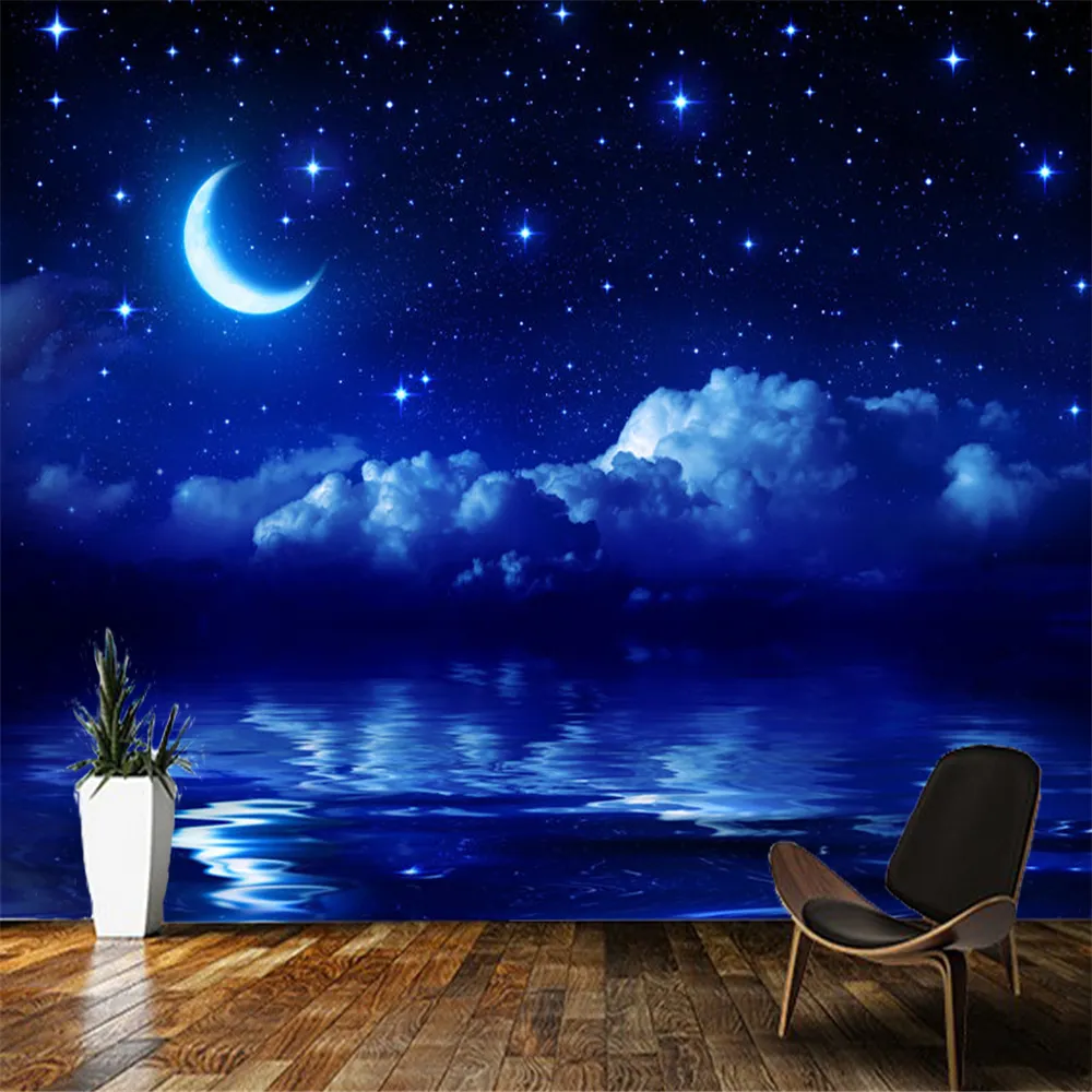 Papel de Parede Fantasy Stars en Moon Starry Sky At Sea 3d Wallpaper Mural Living Room Children Slaapkamer Wandpapieren Home Decor