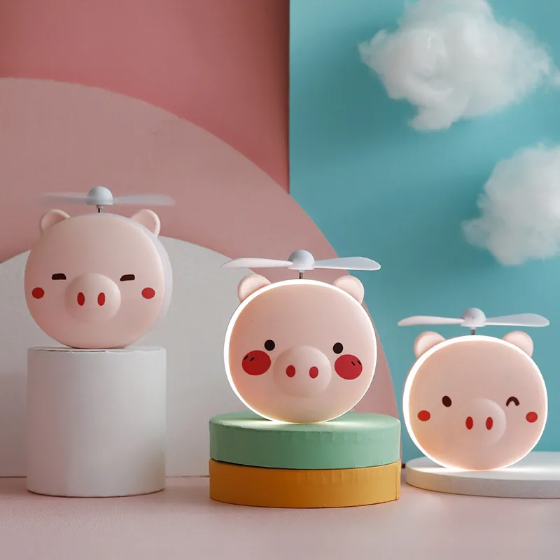 Piggy güzellik aynası çizgi film sevimli mini taşınabilir makyaj aynası küçük fan usb şarj edilebilir LED ışık ins rüzgar