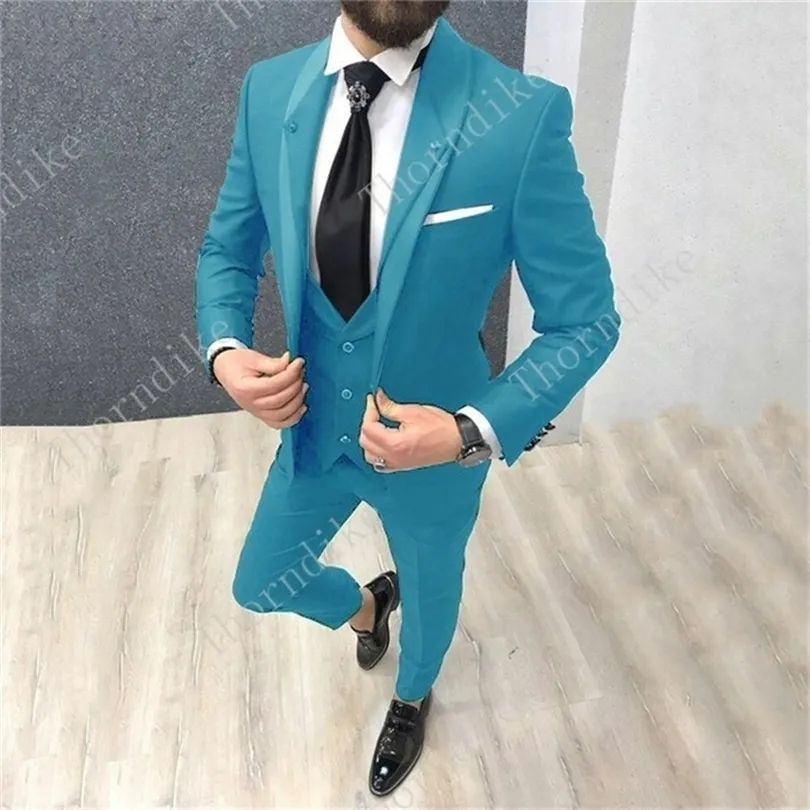 Men, terno de casamento de casas para homens Novo colar de estilo 3 peças Slim Fit Lake Blue Suit Mens Blue e Green Tuxedo Jaqueta T200303