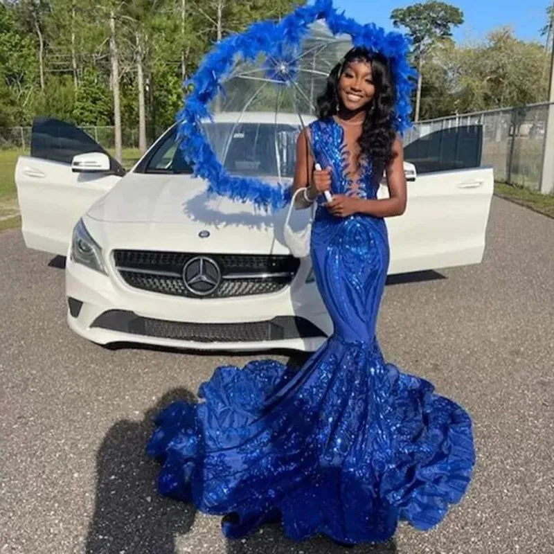 Sparking Royal Blue Sequined Prom Vestidos Sheer O Neck African