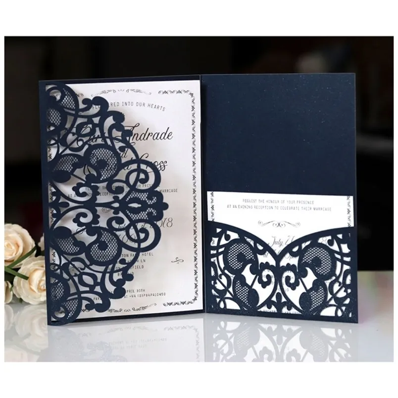 1st Blue White Elegant Laser Cut Wedding Invitation Cards gratulering Anpassa företag med RSVP Decor Party Supplies 220711