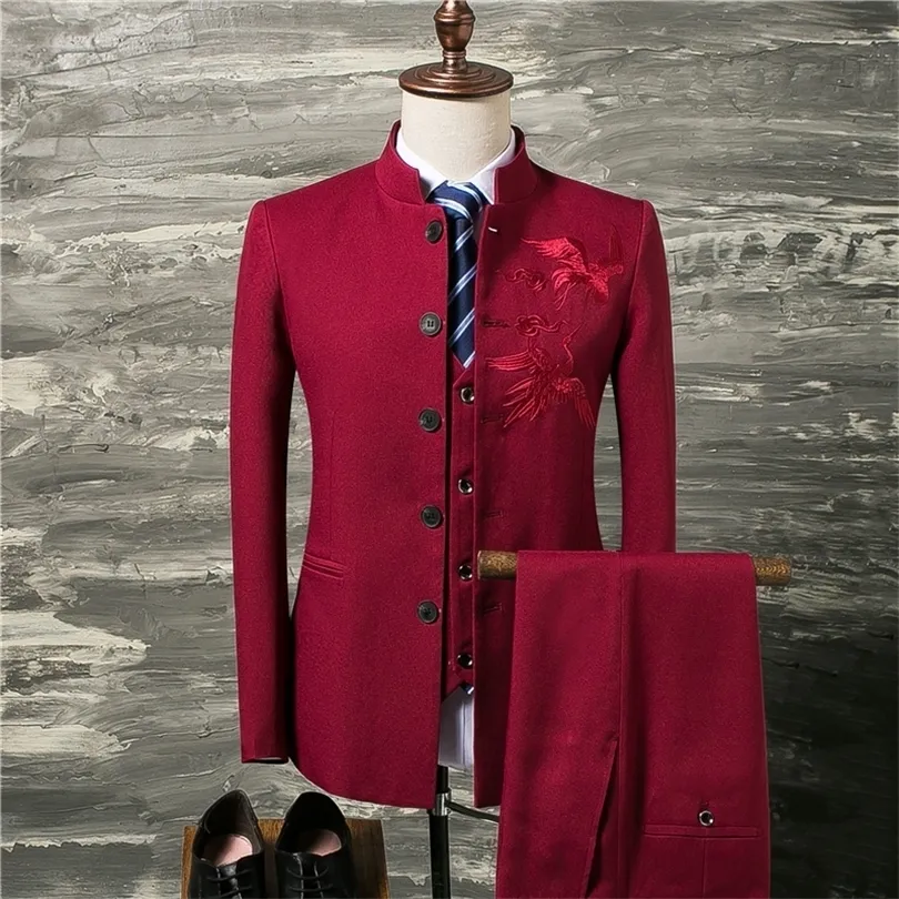 Classic Red Men Suit Casat With Colet and Calças Moda Chinês Retro Men Men Wedding Noivo Tamanho 4xl Stand Collar Suits Man T200303