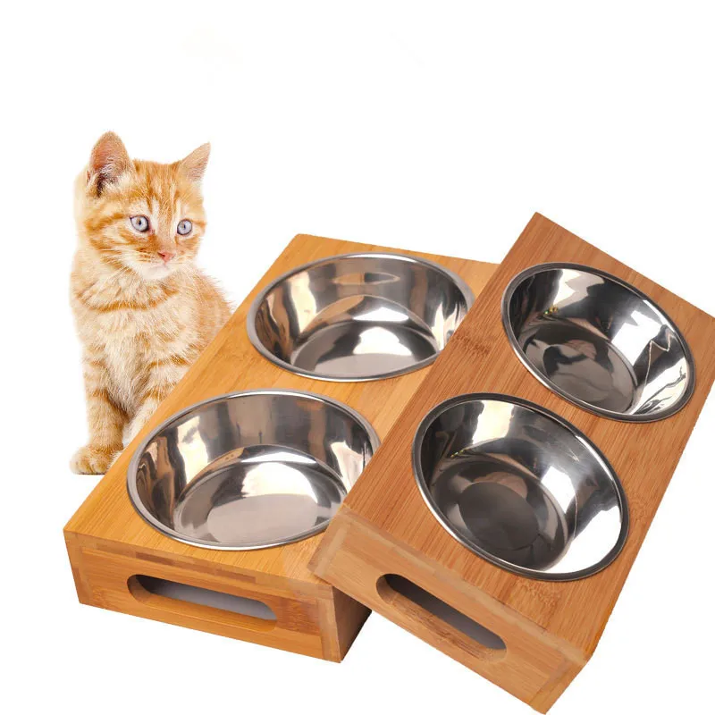 Pet Cat Bowl Bear Bamboo Plate Double Natural Durable Safety Wood Stainless Steel Dog Utility Y200917