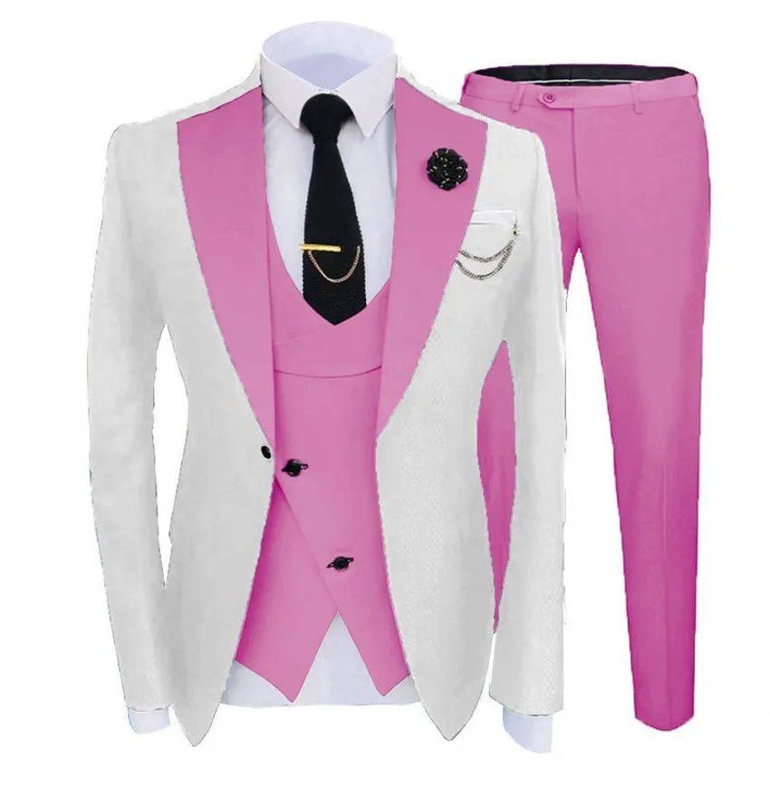 Gloednieuwe witte bruidegom Tuxedos Pink Notch Rapel Slim Fit Groomsmen trouwjurk Uitstekende man jas Blazer 3 -delige pak jasbroek Vest Tie 1299