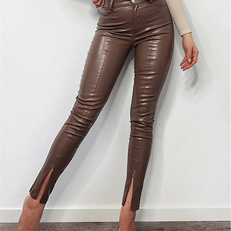 Insta décontracté fendu femmes pantalon taille haute fermeture éclair maigre Faux cuir s pantalon automne Streetwear femme bureau dame 220726