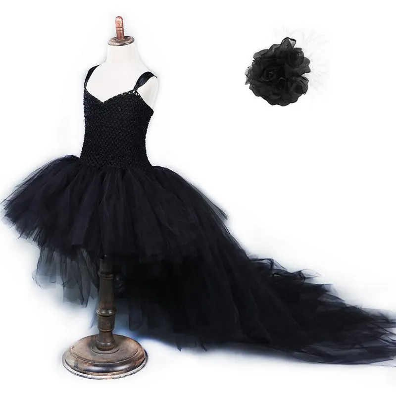 Abiti da ragazza Vestito da tutu nero da bambina con strascico Tulle Abito da ballo per bambini Costumi di Halloween per bambini per il vestito da festa di fiori per bambiniRagazza