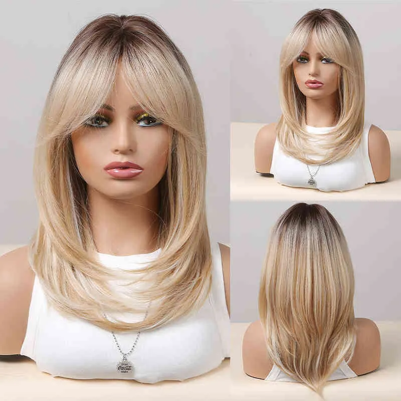 Nxy Wigs Synthetic s Long Natural Wavy Ombre Brown Golden Highlight Blonde Layered Hair with Side Bangs for Women Heat Resistant 220528